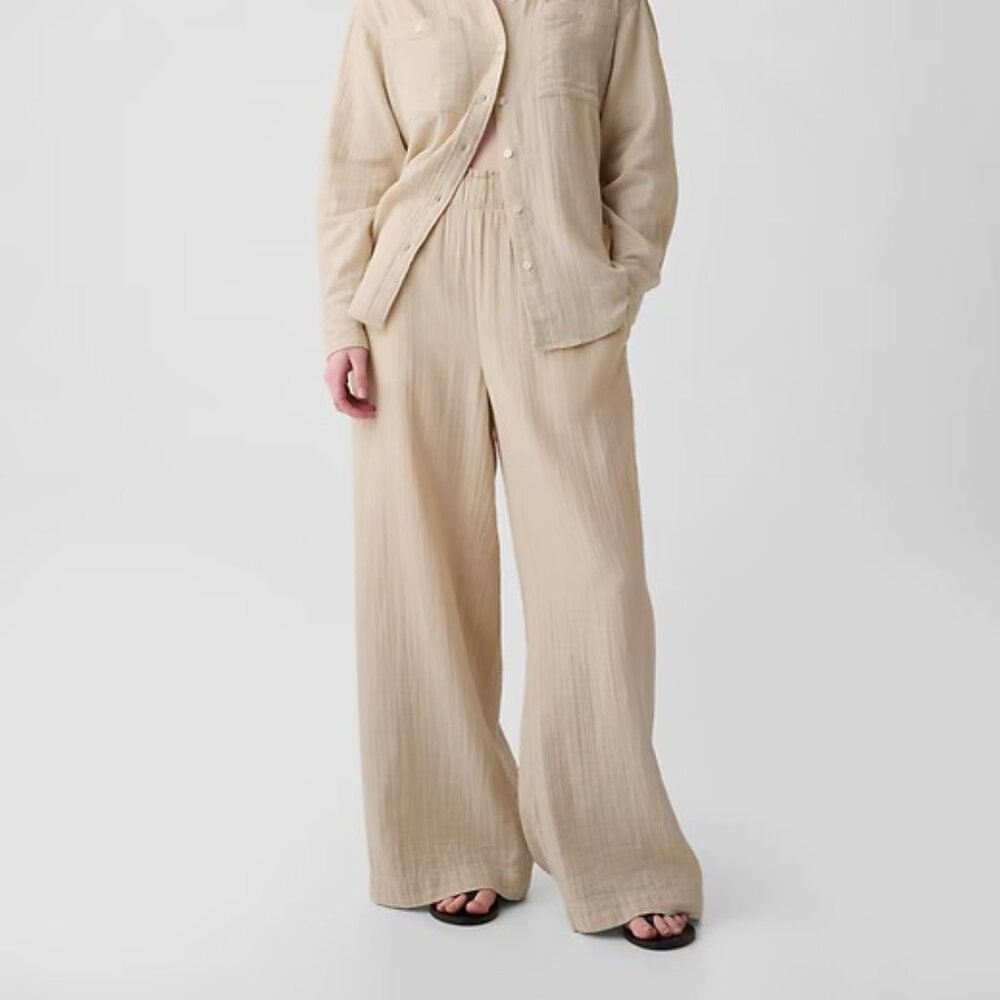 Mid Rise Crinkle Gauze Wide-Leg Pants